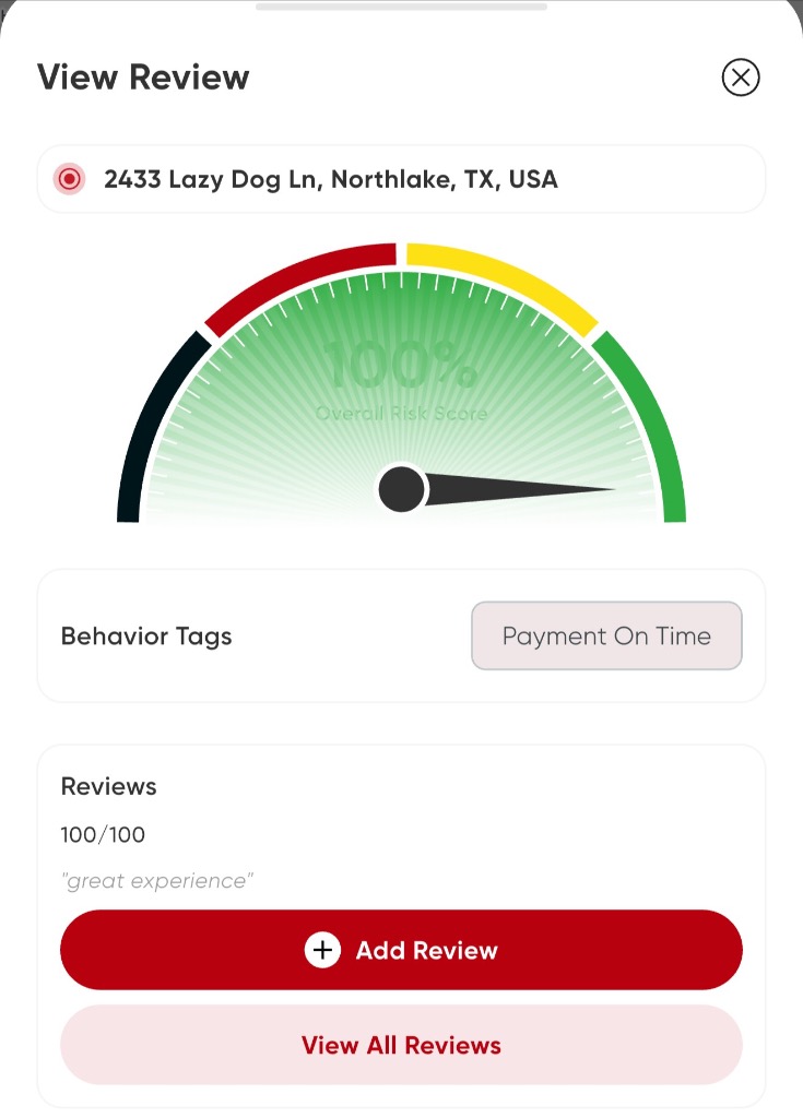Rate My Client review card showing risk score, behavior tags, and contractor reviews